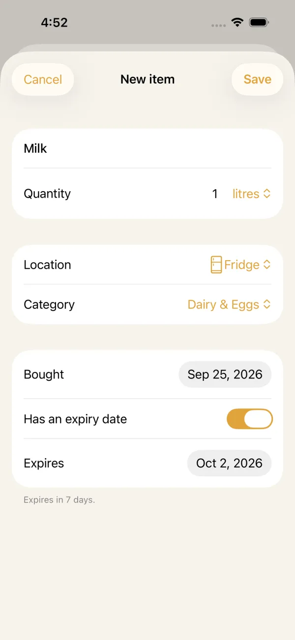 Adding milk in MonFrigo, with the expiry date filled in